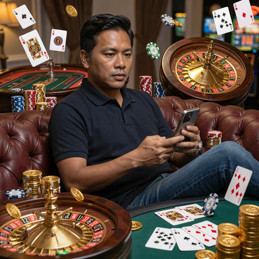 GOGOPHP App – Experience premium casino entertainment designed for players in the Philippines Stylish Filipino player enjoying the GOGOPHP casino app with gold coins, roulette wheels and premium casino visuals on a modern mobile interface