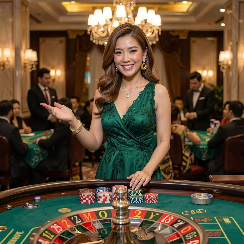 GOGOPHP – Step into a world of premium live casino entertainment in the Philippines Elegant live casino dealer standing at a roulette table in a luxury gaming hall with chandeliers and slot machines, showcasing the premium live gaming atmosphere of GOGOPHP for players in the Philippines