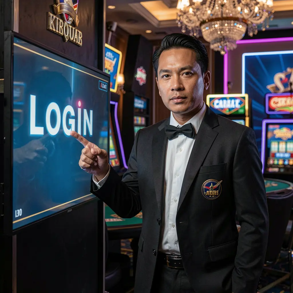 Stylish Filipino casino dealer pointing at a digital login screen inside a modern gaming environment at GOGOPHP in the Philippines